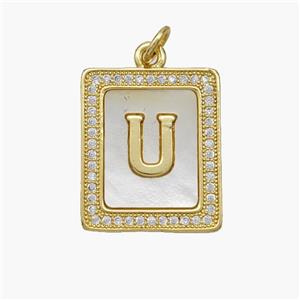 Copper Letter-U Pendant Pave Shell Zirconia Rectangle 18K Gold Plated, approx 17-20mm