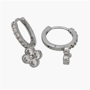 Copper Clover Hoop Earrings Pave Zirconia Platinum Plated, approx 8mm, 14mm dia