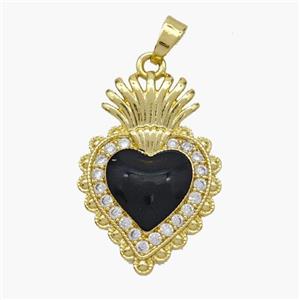 Copper Heart Pendant Pave Zirconia Black Enamel Gold Plated, approx 17-24mm