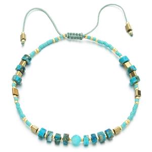 handmade miyuki glass Bracelet with Imperial Jasper, adjustable, aqua, approx 4mm, 16-24cm length