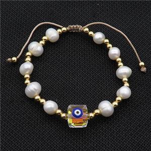 Pearl Bracelet With Evil Eye Copper Adjustable, approx 10mm, 8mm, 4mm, 20-24cm length