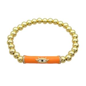 Copper Bracelet Orange Enamel Evil Eye Pave Zircon Stretchy Gold Plated, approx 7-30mm, 6mm