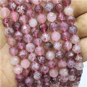 Natural Strawberry Quartz Beads Pink Round Diamond Cut, approx 8mm