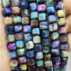 Tiger Eye Stone Beads Multicolor Faceted Cube, approx 8-10mm