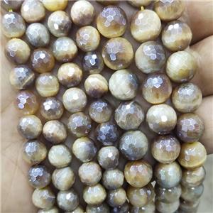 Tiger Eye Stone Beads Golden Faceted Round Electroplated, approx 8mm dia