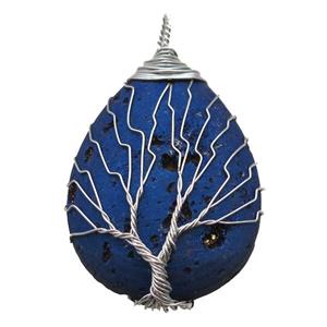 blue electroplated Agate Druzy teardrop pendant wire warpped tree of life, approx 32-45mm