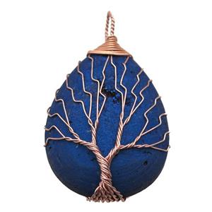 blue electroplated Agate Druzy teardrop pendant wire warpped tree of life, approx 32-45mm