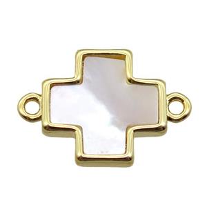 white Pearlized Shell cross connector, gold plated, approx 13x13mm
