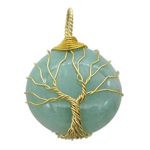 green Aventurine pendant with wire wrapped, tree of life, gold plated, approx 25mm dia