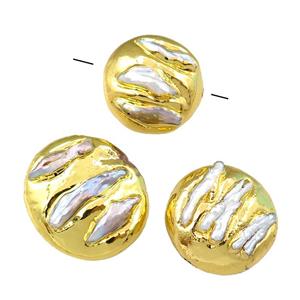 Cultured Pearl Beads, coin, gold plated, approx 25-30mm