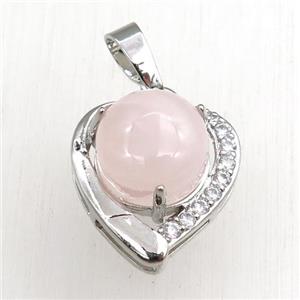 rose quartz pendant paved rhinestone, heart, platinum plated, approx 11mm, 17mm