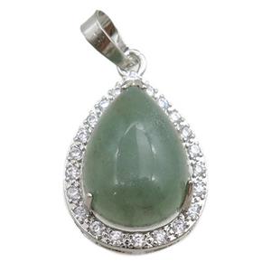 green aventurine pendant paved rhinestone, teardrop, platinum plated, approx 13-18mm, 18-25mm