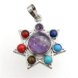 amethyst chakra pendant, platinum plated, approx 11mm, 27mm dia