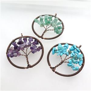 mixed gemstone pendant, tree of life, wire wrapped, approx 45mm