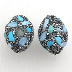 Clay oval beads paved rhinestone with gemstone, approx 20-30mm