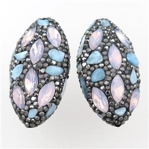 Clay oval beads paved rhinestone with larimar, approx 20-40mm