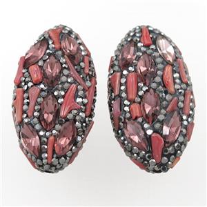 Clay oval beads paved rhinestone with red coral, approx 20-40mm
