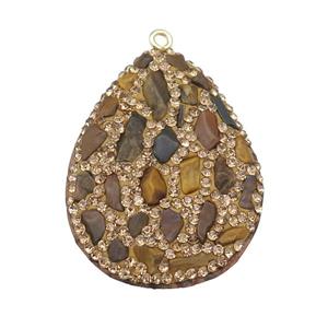 Tiger eye stone teardrop pendant pave rhinestone, approx 30-40mm