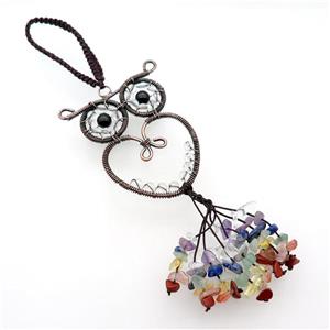 Copper Owl Pendant With Gemstone Chip Chakra Wire Wrapped Antique Red, approx 50-65mm, 17cm length