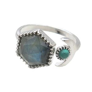 Labradorite Copper Ring Hexagon Platinum Plated, approx 9mm, 13mm, 18mm dia