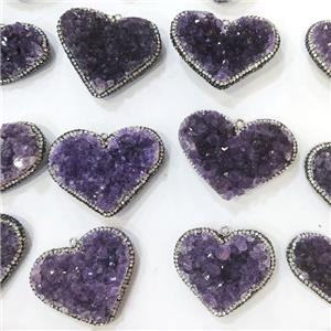 Amethyst Druzy Pendant Pave Rhinestone Heart, approx 30-50mm
