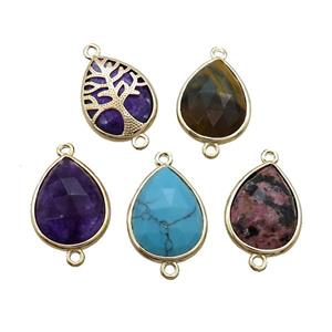 Mixed Gemstone Teardrop Connector Tree Of Life Gold Plated, approx 15-20mm