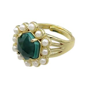 Copper Hexagon Rings Pave Malachite Pearlized Resin Adjustable Gold Plated, approx 18mm, 18mm dia