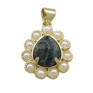 Copper Teardrop Pendant Pave Kambaba Jasper Pearlized Resin Gold Plated, approx 16-18mm
