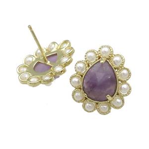Copper Teardrop Stud Earrings Pave Purple Amethyst Pearlized Resin Gold Plated, approx 16-18mm