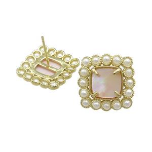 Copper Stud Earrings Pave Pink Queen Shell Pearlized Resin Square Gold Plated, approx 17x17mm