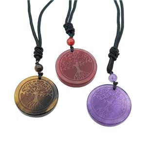 Gemstone Circle Necklace Tree Of Life Carved Black Nylon Rope Cord Mixed, approx 30mm