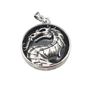 Alloy Zinc Dragon Pendant With Black Obsidian Antique Silver, approx 28mm