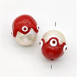 White Pearl Potato Beads Red Enamel Evil Eye, approx 13-16mm