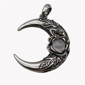 Alloy Moon Pendant Pave Clear Quartz Antique Silver, approx 35-40mm