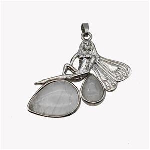 Alloy Fairy Pendant Pave Clear Quartz Platinum Plated, approx 35-40mm