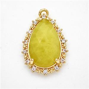 Lemon Jade Teardrop Pendant Copper Pave Zirconia Gold Plated, approx 15-20mm