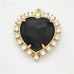 Natural Black Obsidian Heart Pendant Copper Pave Zirconia Gold Plated, approx 20mm
