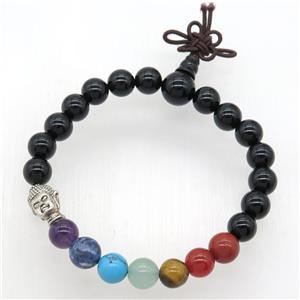 Chakra buddha Bracelets with black lava stone, stretchy, approx 8mm dia