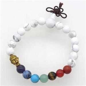 Chakra buddha Bracelets with white howlite, stretchy, approx 8mm dia