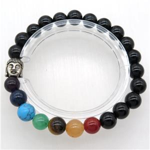 Chakra Bracelets with black onyx agate, buddha, stretchy, approx 8mm dia