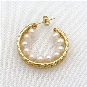 White Pearl Copper Stud Earring Gold Plated, approx 5-7mm, 25mm