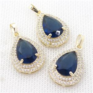 copper teardrop pendant paved zircon with darkblue crystal glass, approx 16-21mm