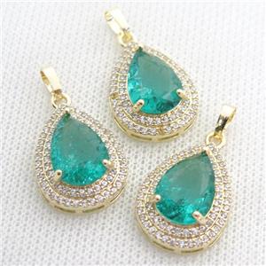 copper teardrop pendant paved zircon with green crystal glass, approx 16-21mm