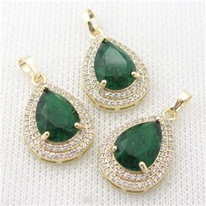 copper teardrop pendant paved zircon with green crystal glass, approx 16-21mm