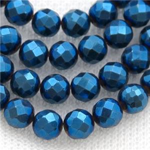Hematite beads, faceted round, blue electroplated, approx 4mm