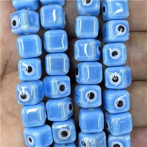 blue Porcelain cube beads, evil eye, electroplated, approx 8mm dia, 45pcs per st