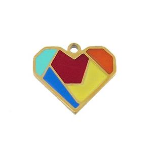 Stainless Steel Heart Charm Pendant Multicolor Enamel Gold Plated, approx 13-15mm