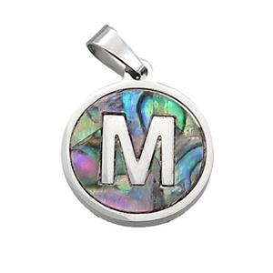 Raw Stainless Steel Pendant Pave Abalone Shell Letter-M, approx 15mm dia