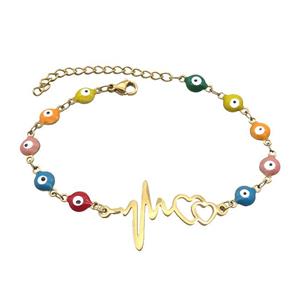 Stainless Steel Bracelets Evil Eye Multicolor Heart Gold Plated, approx 20-35mm, 6mm, 16-22cm length