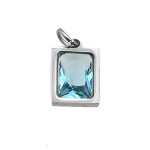 Raw Stainless Steel Rectangle Pendant Pave Aqua Zircon, approx 6x8mm